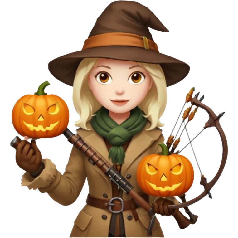 female human monster hunter emoji, wearing brown coat and hat, holding crossbow, soft smile, scarf, glowing pumpkin by her side, Halloween fantasy style, clean vector Apple emoji look, bright colors, white background, square emoji
