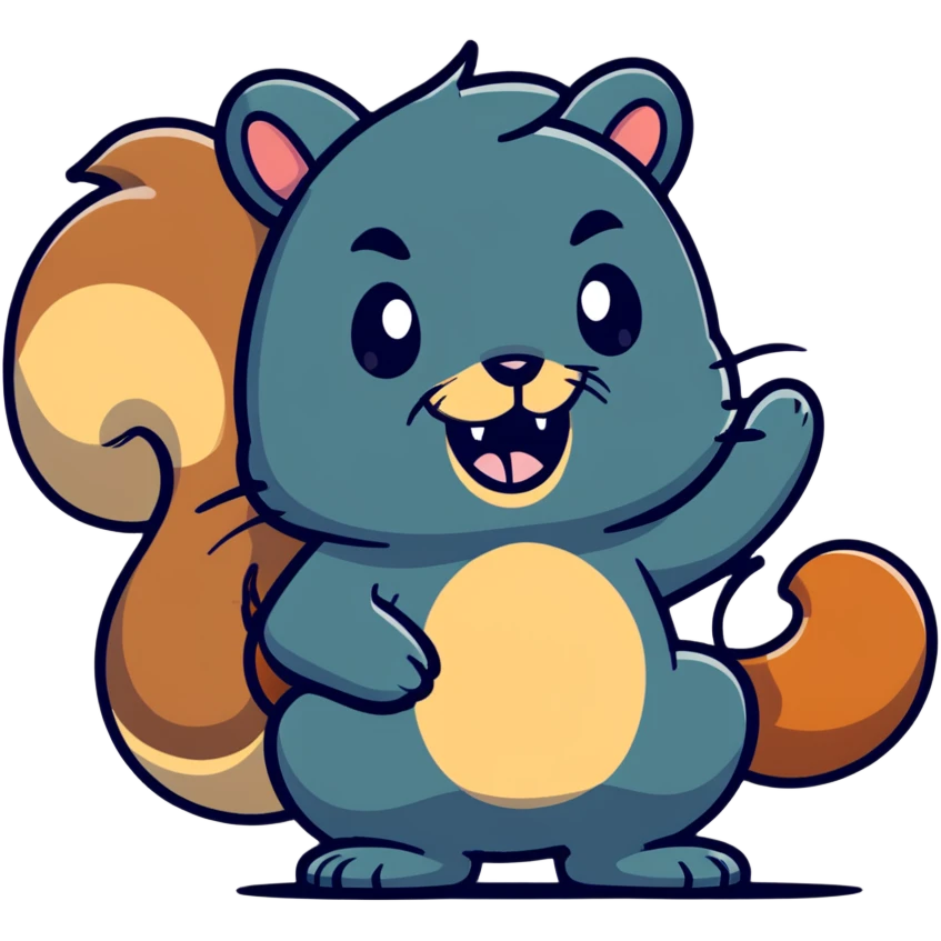 Cartoon squirrel with proper squirrel head shape, bushy tail, big front teeth, and massive exaggerated drool pouring from mouth, extremely hungry look emoji