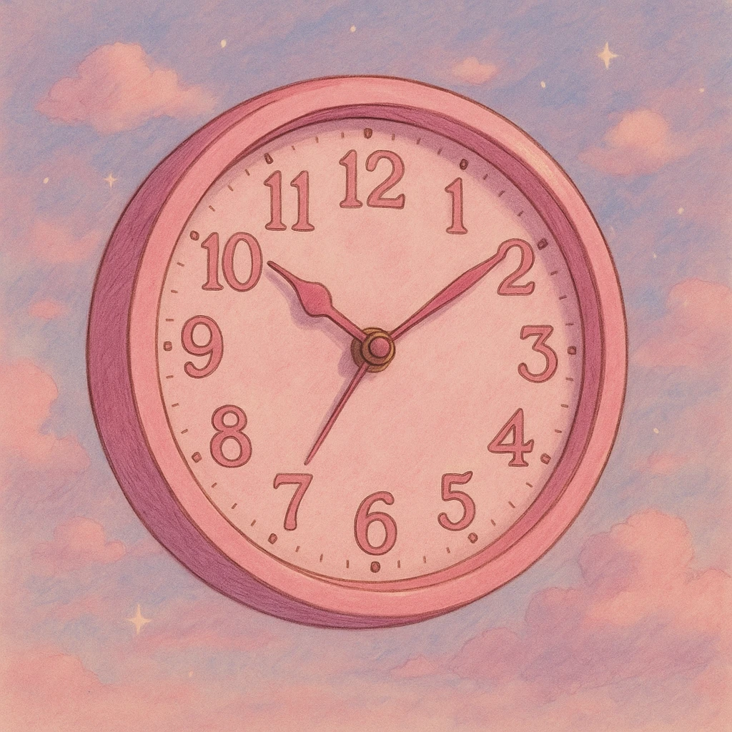 aesthetic pink clock in ghibli style, dreamy and whimsical with subtle background emoji