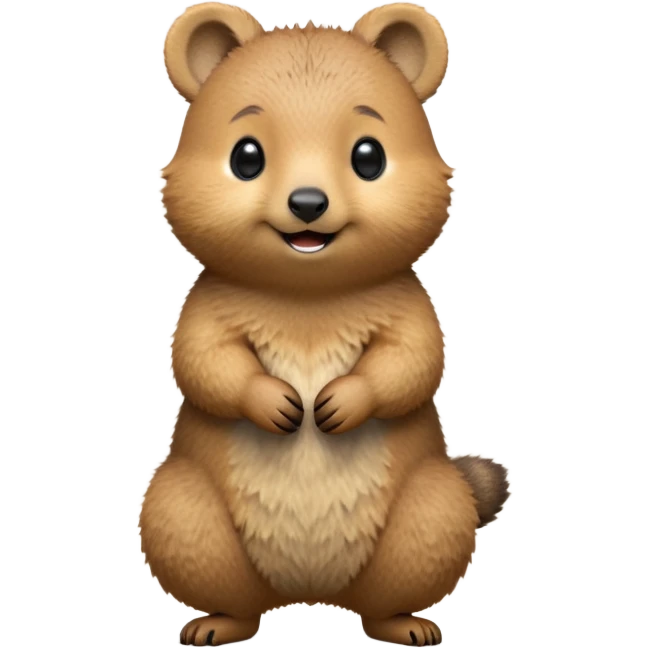 cinematic-quokka-realistic-full-body-standing-emoji,-small-round-frame-balanced-on-tiny-strong-hind-legs,-fluffy-brown-fur-radiating-a-warm-softness,-big-round-eyes-filled-with-joy-and-innocence,-tiny-clawed-paws-held-close-to-chest,-cheerful-smile-exuding-endearing-happiness,-simplified-yet-realistic-focused-features,-highly-detailed,-glowing-with-a-sunny-warmth emoji