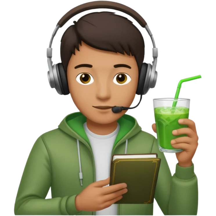 Male with wired headphones and green drink reading a book emoji