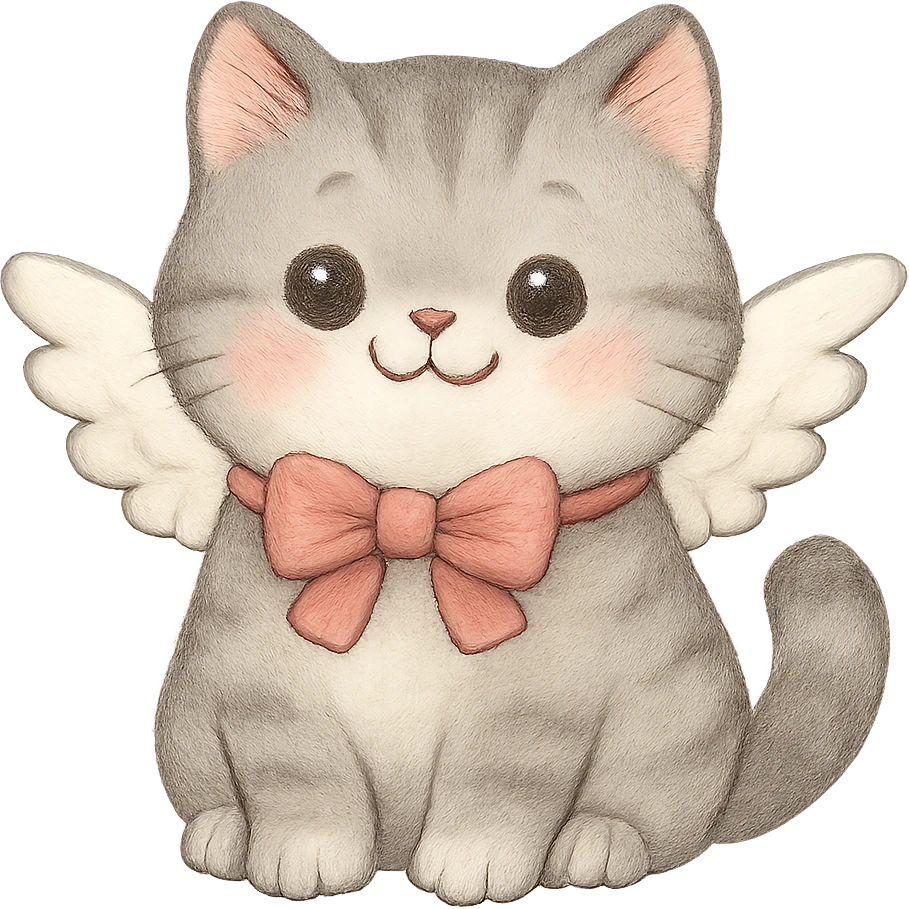 Add small angel wings to the cute chubby cat with a pink bow, soft gray fur, big round eyes, and a happy face. Keep the background transparent. The style should match the original image's look. emoji