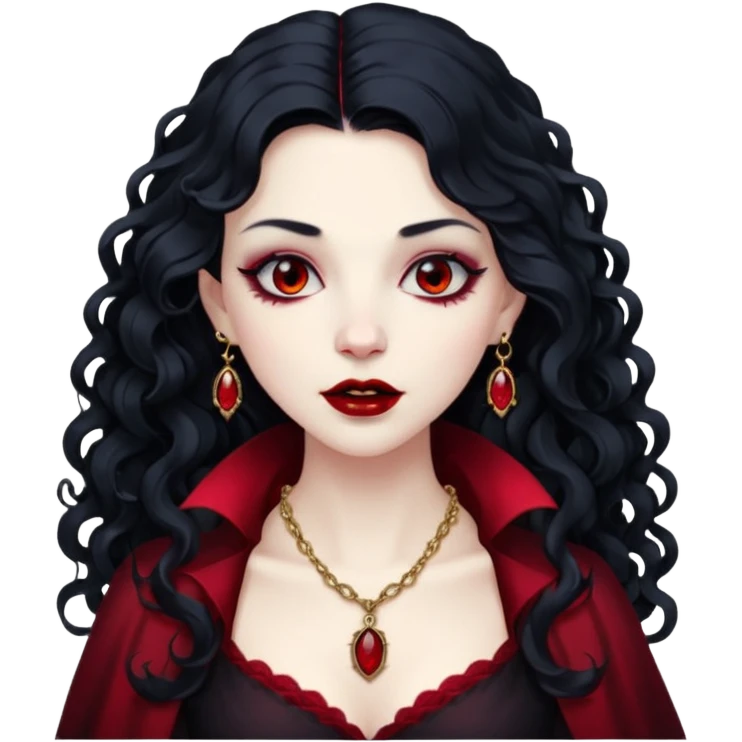 Vampire lady Pale queen with ruby necklace, curly black long hair emoji