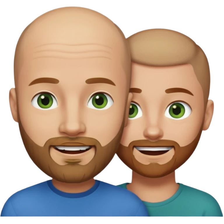 Shaved head man with dark blonde beard and blue eyes with mouth closed smile with brown haired woman with green eyes emoji
