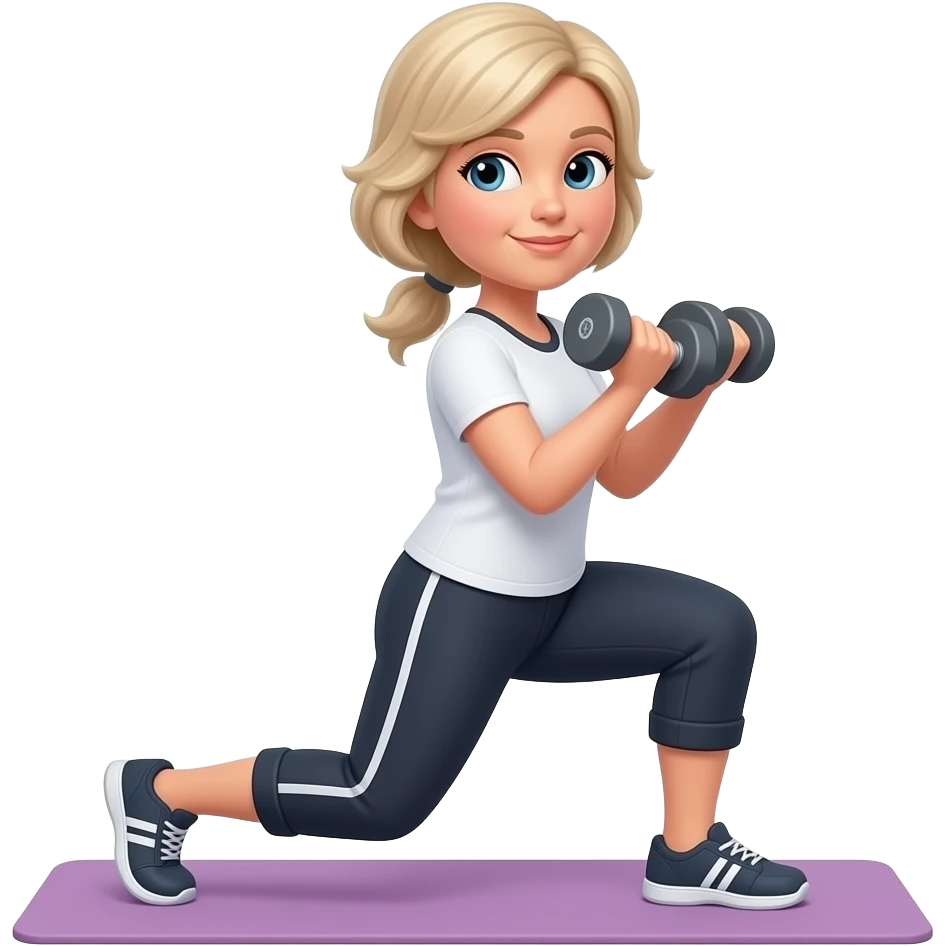 50 year old medium blonde hair woman doing weighted lunges with dumbbells - no pony tail emoji