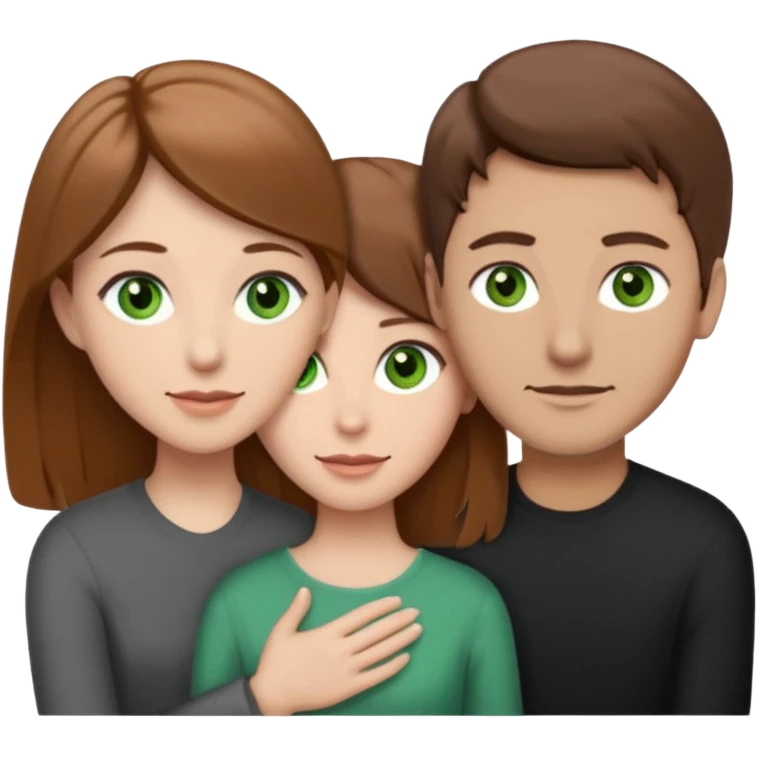 3 people. Throuple. Blank woman with light brown hair and green eye color on left. And also a blank man with brown hair and grey eye color in the middle. And a blank woman with brown hair and grey eye color on the right. Holding each other emoji