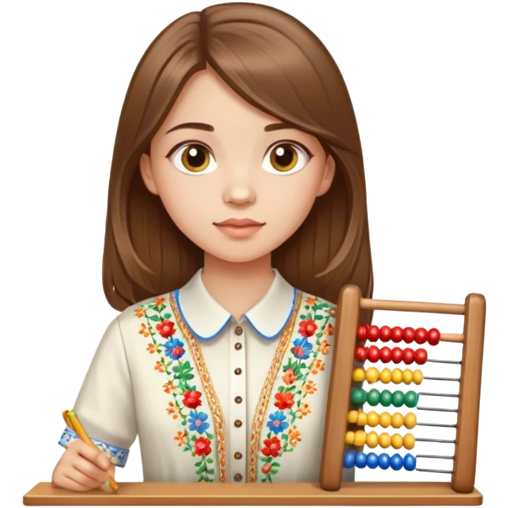 A Ukrainian girl with brown hair in an embroidered shirt holds an Abacus emoji