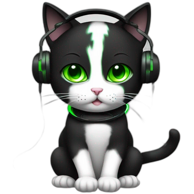 gamer black and white cat, green eye playing with headphones emoji