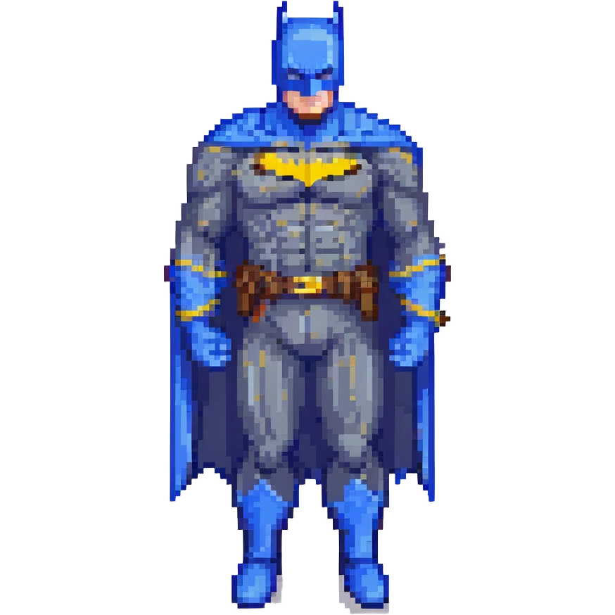 Pixel art Batman, dynamic pose, blue and gray suit, yellow belt emoji