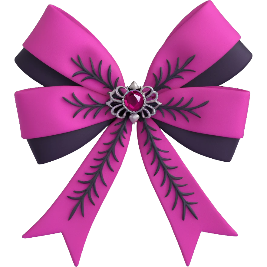 3D emoji style pink bow with gothic effect, deep magenta velvet, black feather accents, and silver spiderweb brooch emoji