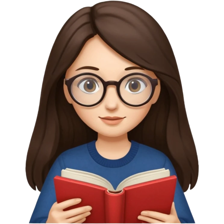 brunette woman with long hair and round glasses, reading a book emoji