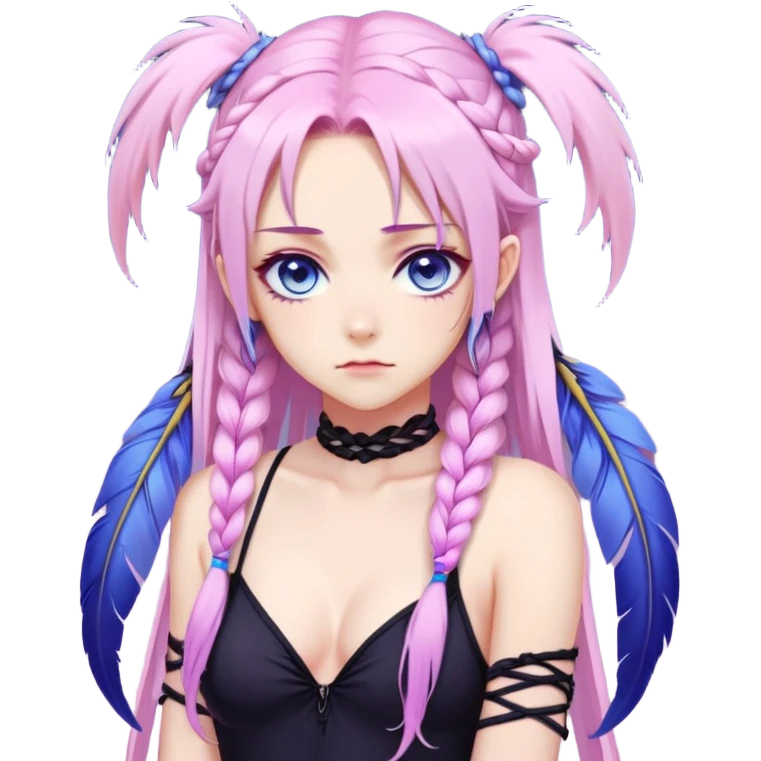 Gorgeous beautiful pretty grumpy anime lady long-pale-whitish-pastel-pink-hair with one braid on each side, hanging purple feather-ear-cuffs with pink tips in hair, black bodysuit, blue eyes, pink iris, ethereal, fashion aesthetic  emoji