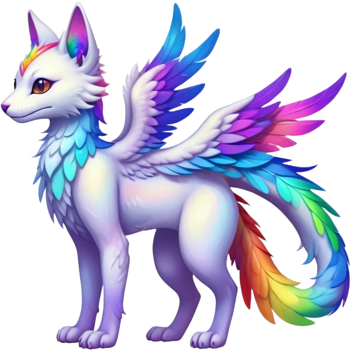 Kawaii neon colorful with feather-wing-ears rainbow iridescent fantasy ethereal feline-vernid-sergal-fursona animal creature with a tufted tail full body with intricate markings emoji