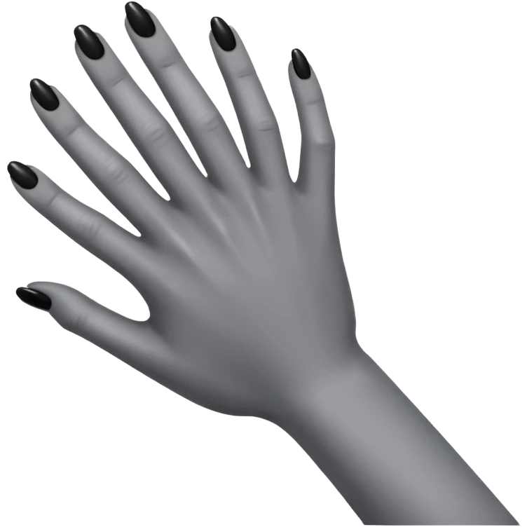 front angle view of a grey colored arm and hand reaching out with black nails emoji