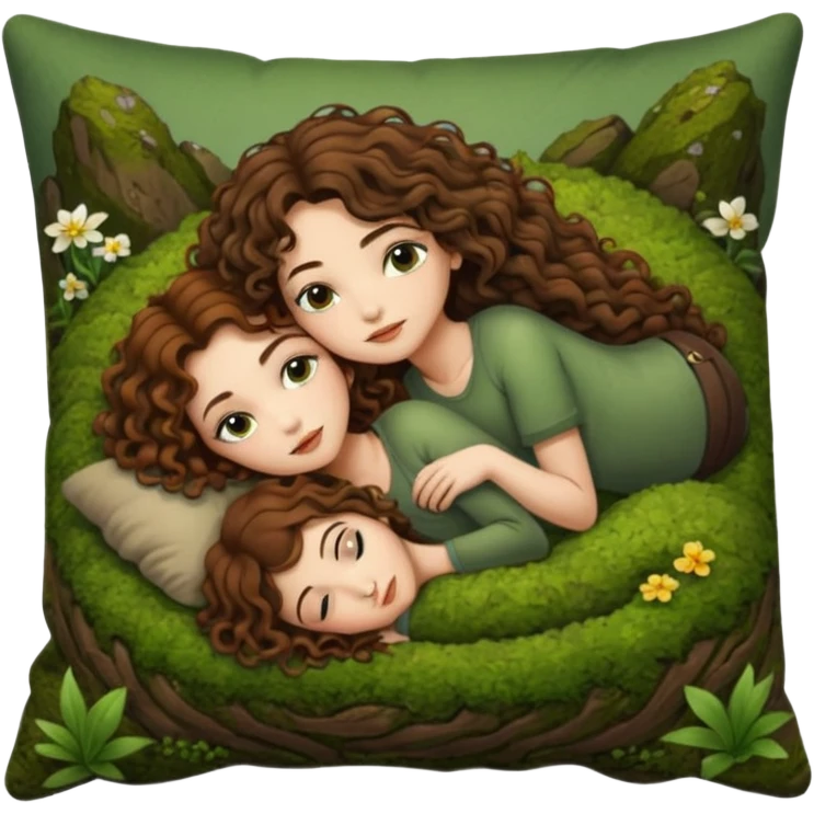 cozy moss bed — long wavy brown hair tattooed woman and short tight curly brown hair woman — curled together on moss pillow sleepy emoji