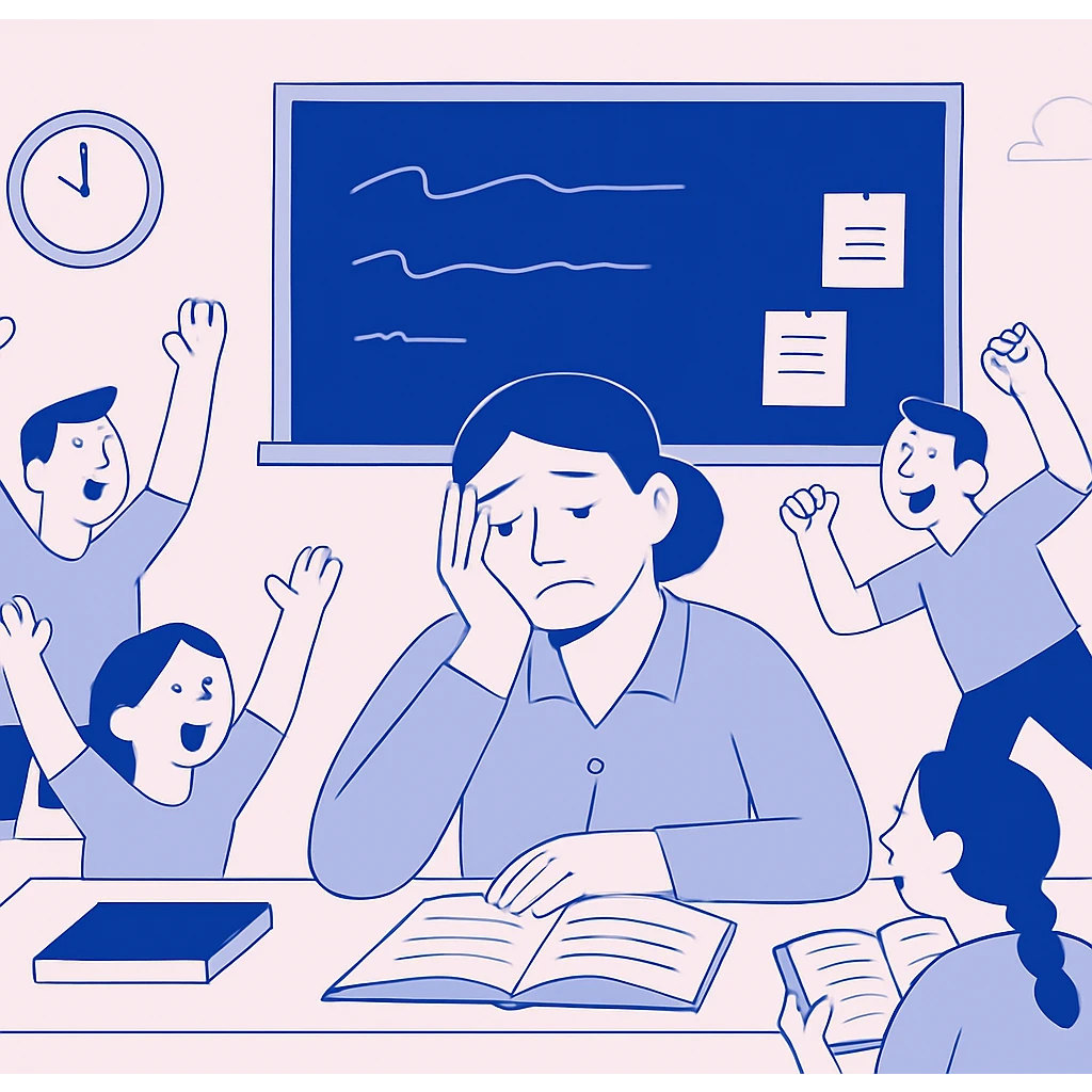 tired teacher at desk with energetic students in busy classroom emoji