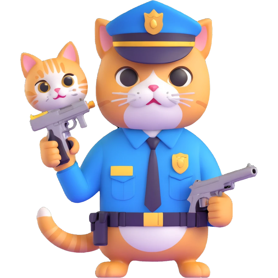 a police officer and a cat, the cat holding a small gun, both looking surprised emoji
