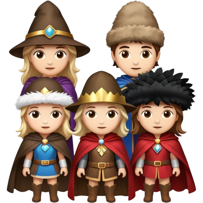 3 girls and 1 guy as the 4 musketeers with feathered hats and capes emoji