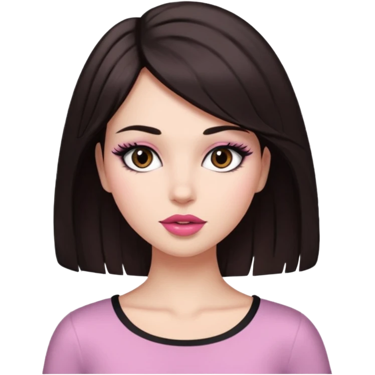 my hair is dark brown almost black, reaching my waist. the haircut is wolfcut, pretty lasher hut not thick. slightly pink lips. emoji