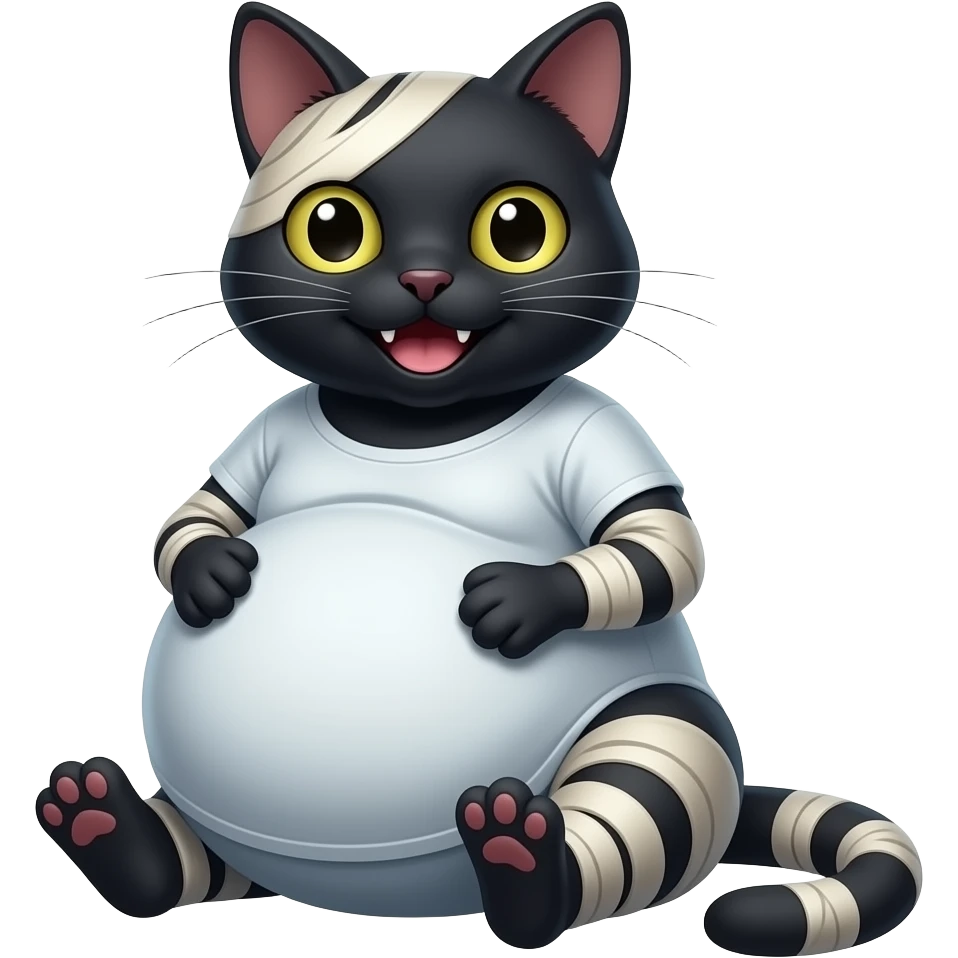 #B8FFFF Mummified black cat sitting down happy with a  very huge pregnant belly emoji