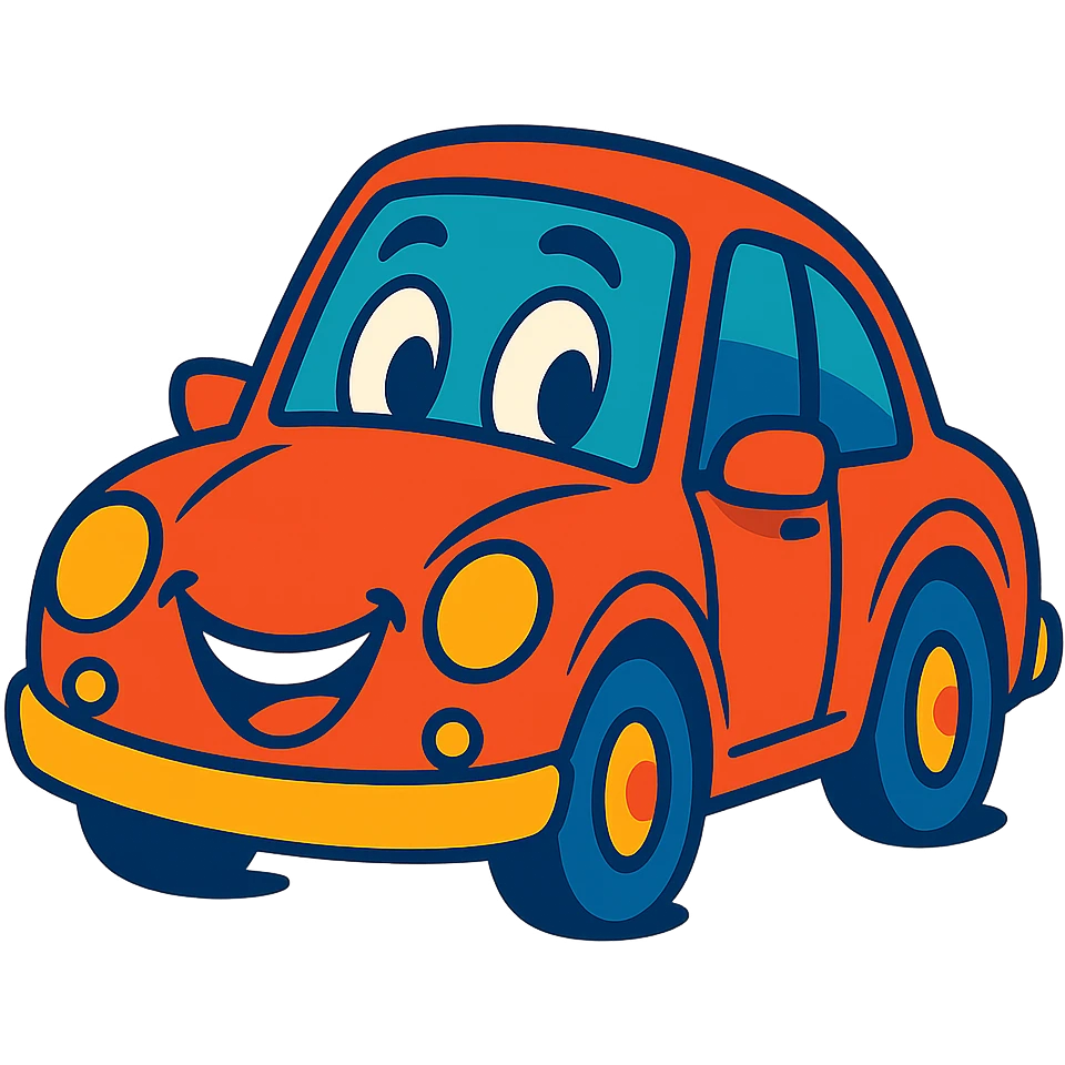 stylized car with a face, animated features, cheerful expression emoji