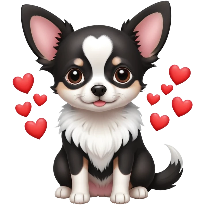 Black and white chihuahua with hearts around emoji