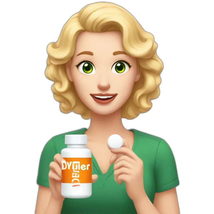 White woman with green eyes, ligth pink lips,pronunciate checks,  blond semi curly hair, big teeth,  holding a white pill bottle in hand with a label that says diviher in orange letters emoji