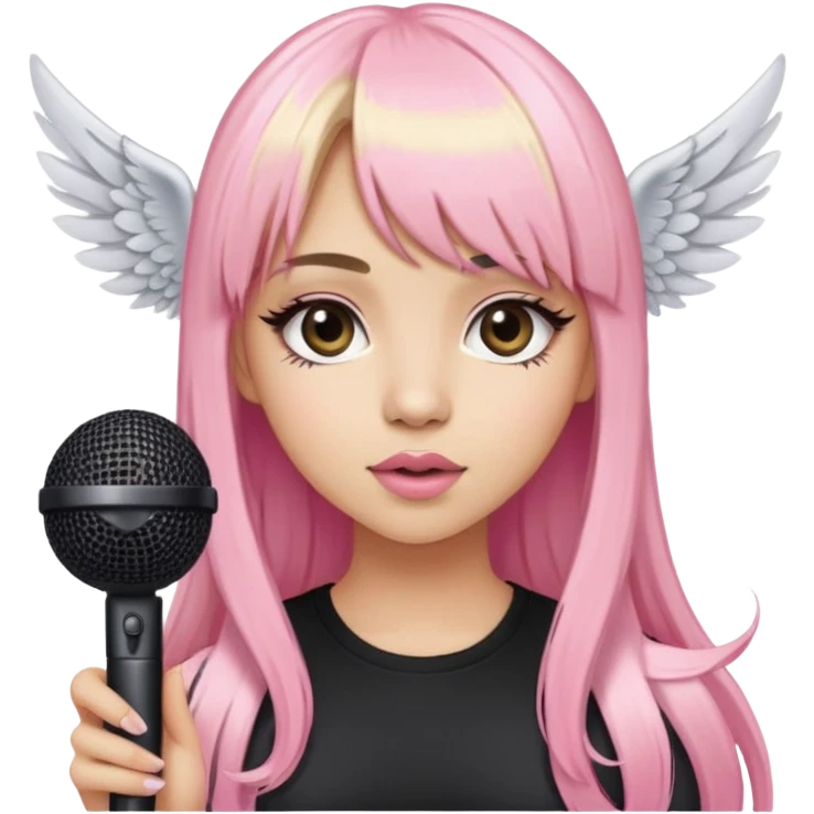 Light skin girl with winged eyeliner and long half pink half blonde with bangs and a microphone emoji