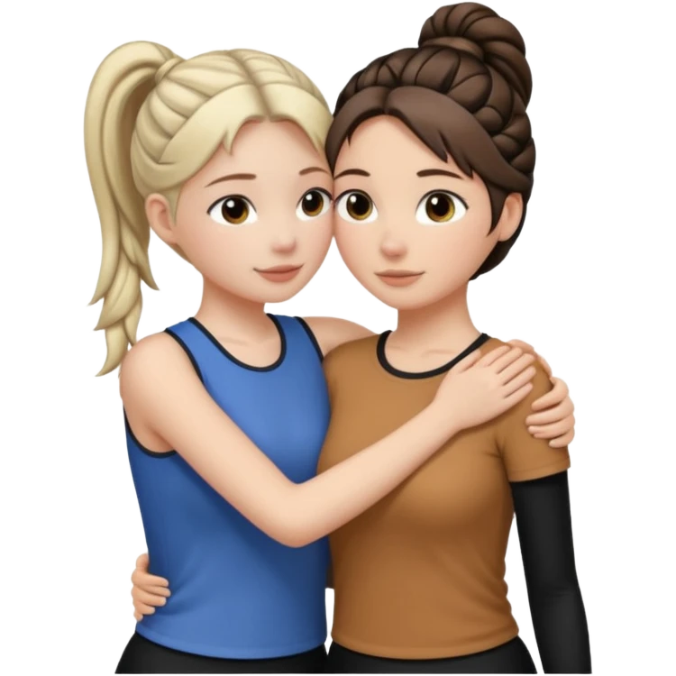 Comforting Hug two white skin women, one shorter woman with brown simple top ponytail, not braided, and one taller woman with long black side braid emoji