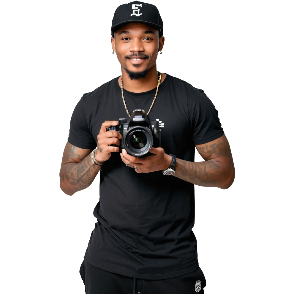A young, black, South African, male cinematographer dressed in a black round neck t-shirt, black pants and black baseball cap holding a mirrorless dslr camera in one hand. Dark brown eyes. Bright white smile. Minimal facial hair — a small moustache connected to a goatee. Arms covered in tattoos. emoji