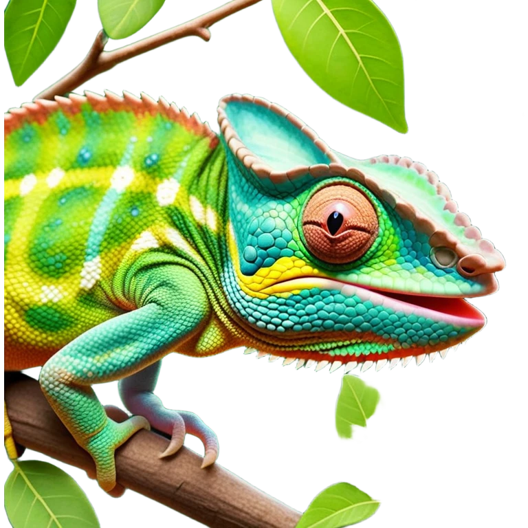 cinematic giant-tongue out chameleon-realistic emoji, mouth wide open with tongue out catching prey, -blending-with-vibrant-greenery.-detailed-scales-in-shifting-colors,-showing-the-chameleon’s-ability-to-camouflage.-soft-natural-light-highlights-its-texture.-light-background, zoomed into its face emoji