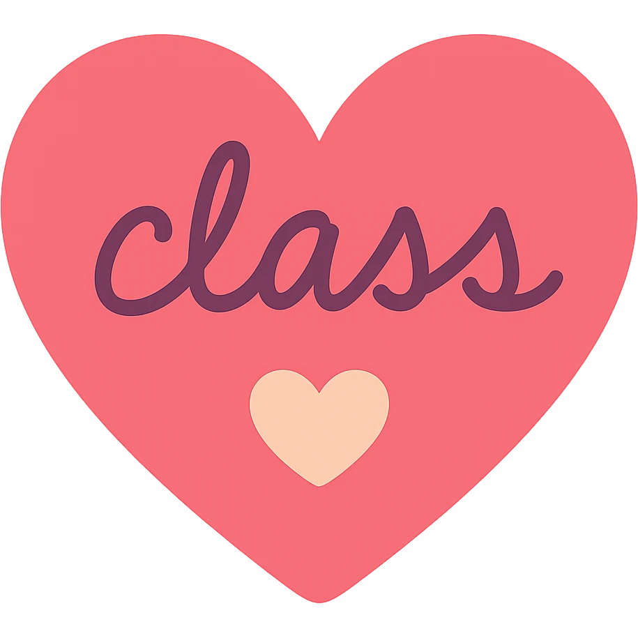 Change the text inside the red heart to a handwritten font, keep the playful style and the word 'class' clear, no background. emoji