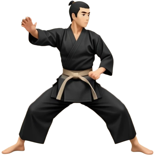 An icon depicting an aikido fighter in a black gi, executing a graceful throw in a martial arts dojo. The background features traditional wooden floors, tatami mats, and a serene atmosphere with soft lighting. The focus is on the fighter's precise technique and fluid movement. Transparent background emoji