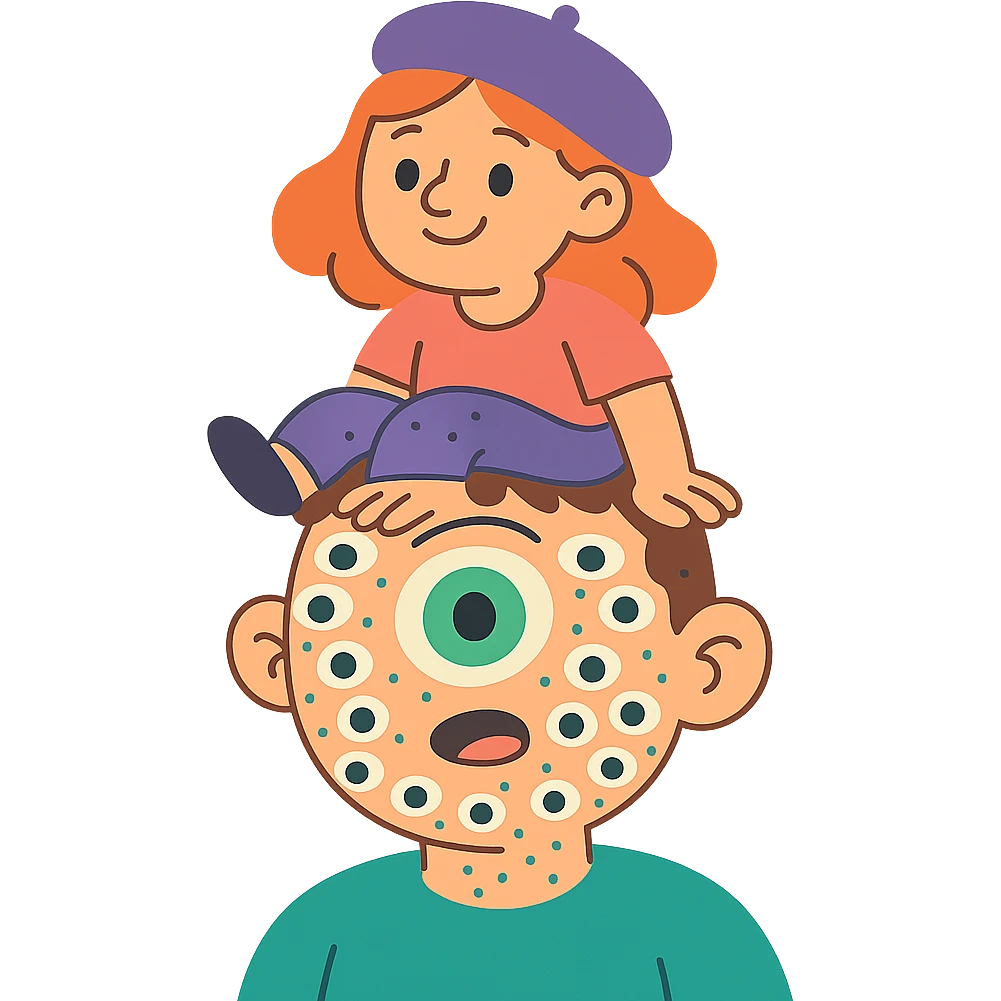 guy with 300 eyes, one big green eye in the middle of his head, hat made out of a girl on his head emoji