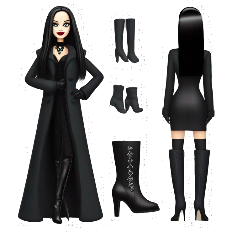 Dazzling Winter Barbie Morticia Addams .  Wearing coat gloves boots  emoji