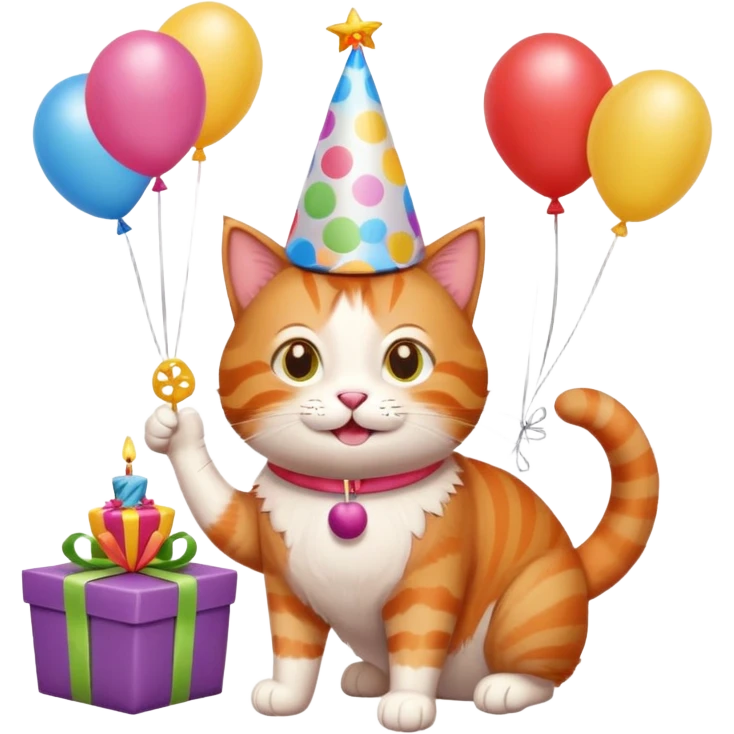 Ginger cat celebrates birthday, birthday hat, birthday cake, balloons, happy, gifts emoji