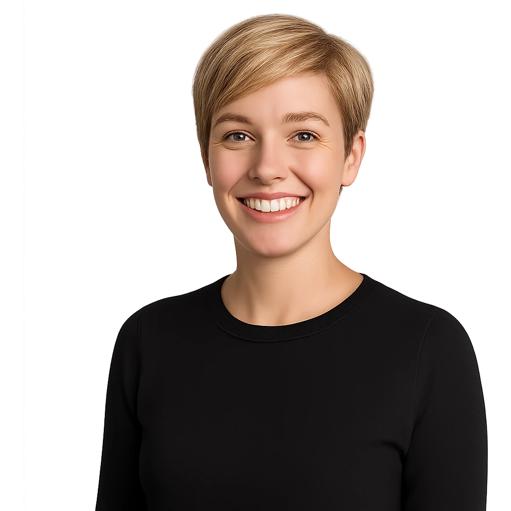 a wife with short blond hair, smiling, modern style, portrait, simple background emoji