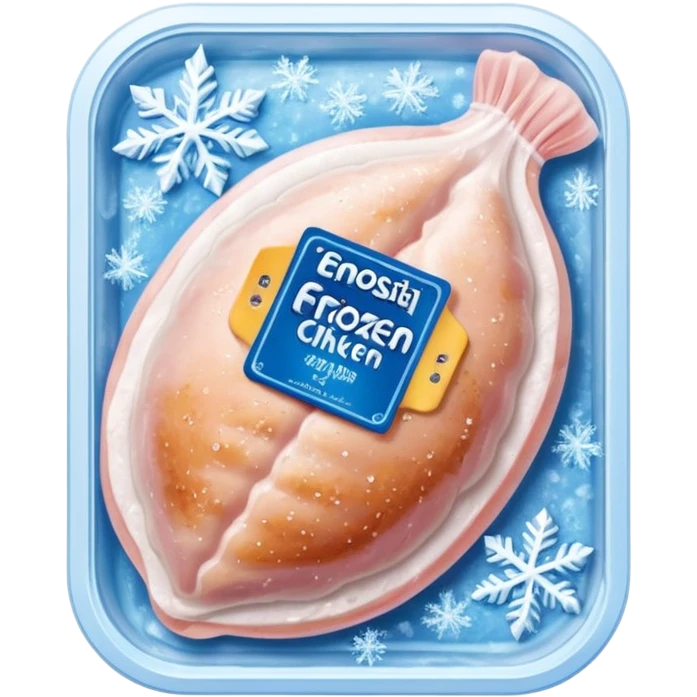 A pack of frozen chicken breasts sealed in transparent plastic packaging, covered with frost and ice crystals. The meat looks pale pink with a slight icy glaze, sitting in a freezer with cool blue lighting. Realistic detail, cold atmosphere, food photography style. emoji