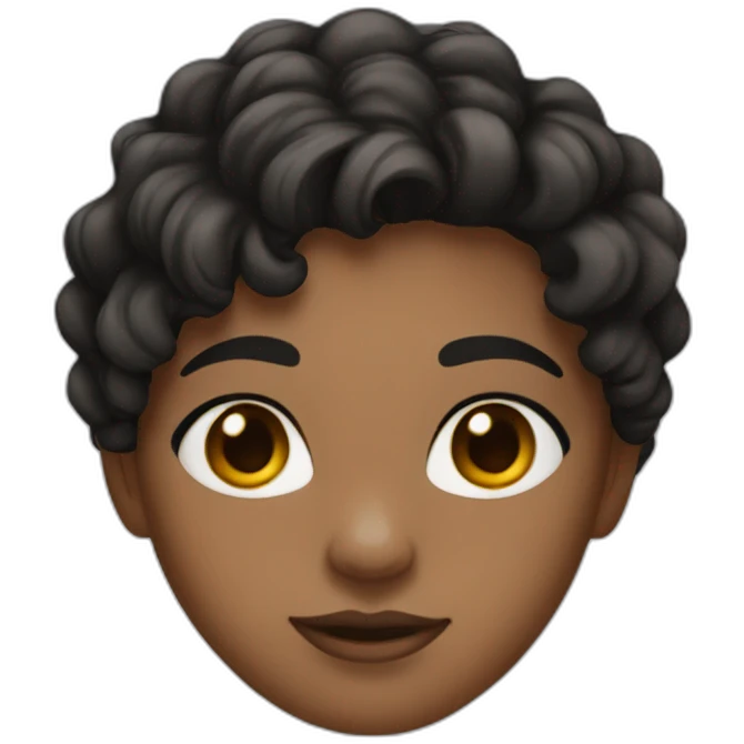 Girl with brown skin, black shoulder length wavy hair, white tshirt and black eyes emoji