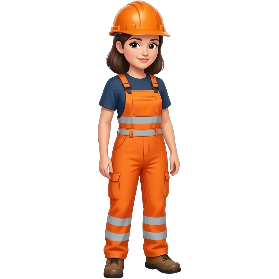 woman, in full orange hi-vis overalls with sleeves and hard hat, looking at floor emoji