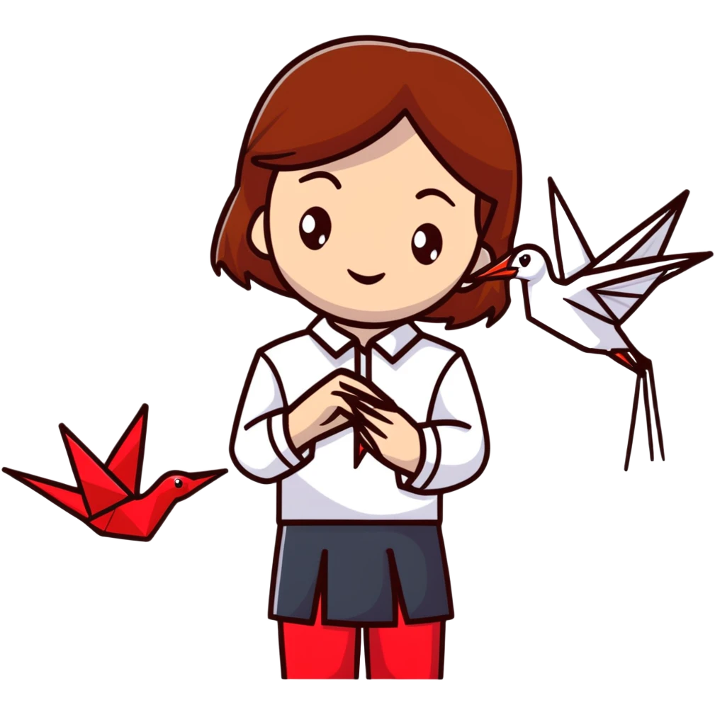 Ukrainian young girl with brown hair wearing a white embroidered shirt holds an origami red crane emoji