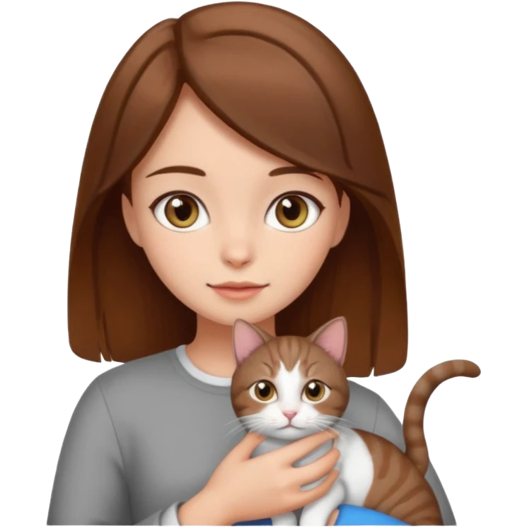 Girl, her hair is brown, and her eyes is grey, in hands cat emoji