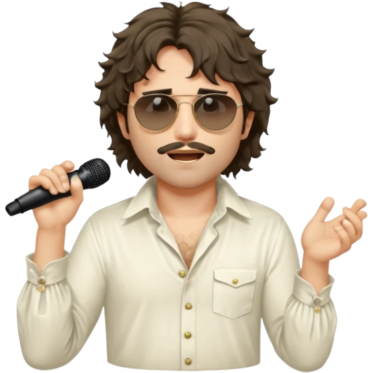 cinematic realistic - messy, shaggy with big sideburns Jim Morrison in an ivory Victorian shirt, singing in a trance on stage, wearing Ray Ban sunglasses emoji