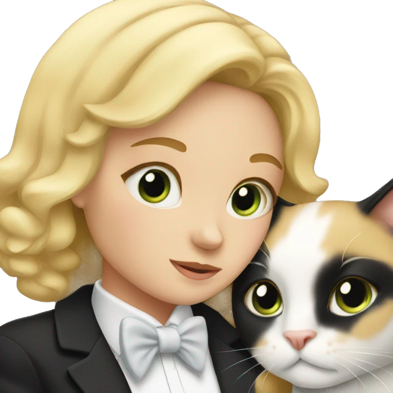 Blonde girl snuggling tuxedo cat emoji