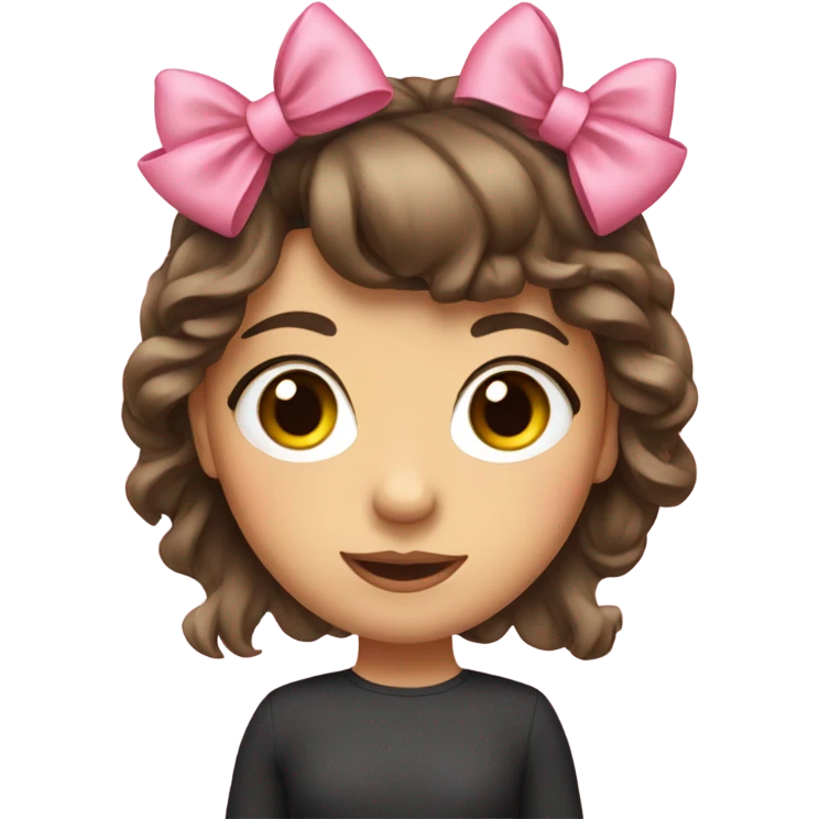 brunette girl with tow pink bow in her hair and bang emoji