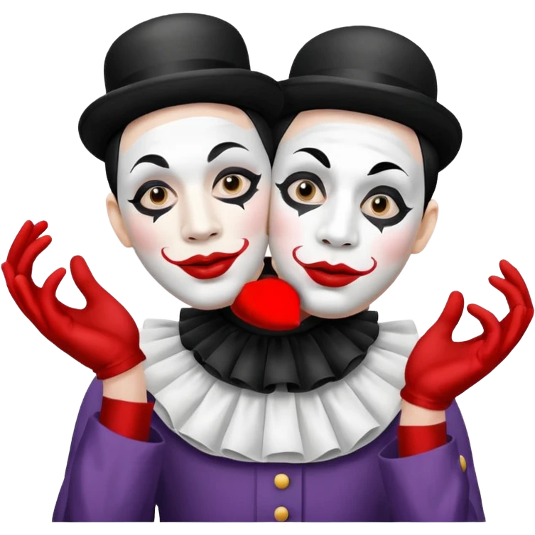a mime holding two masks, expressive, white face paint, classic mime outfit emoji