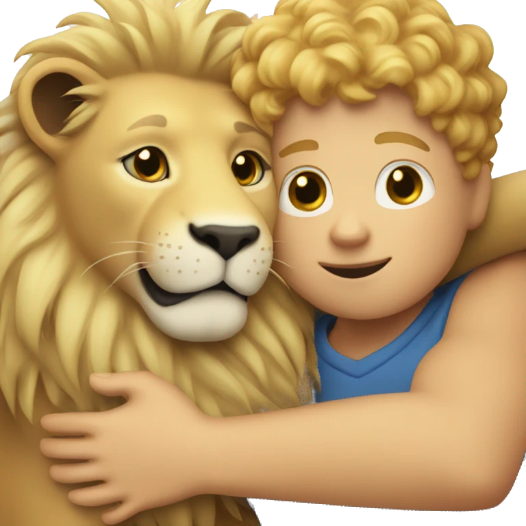 curly short blonde boy hugging a lion emoji
