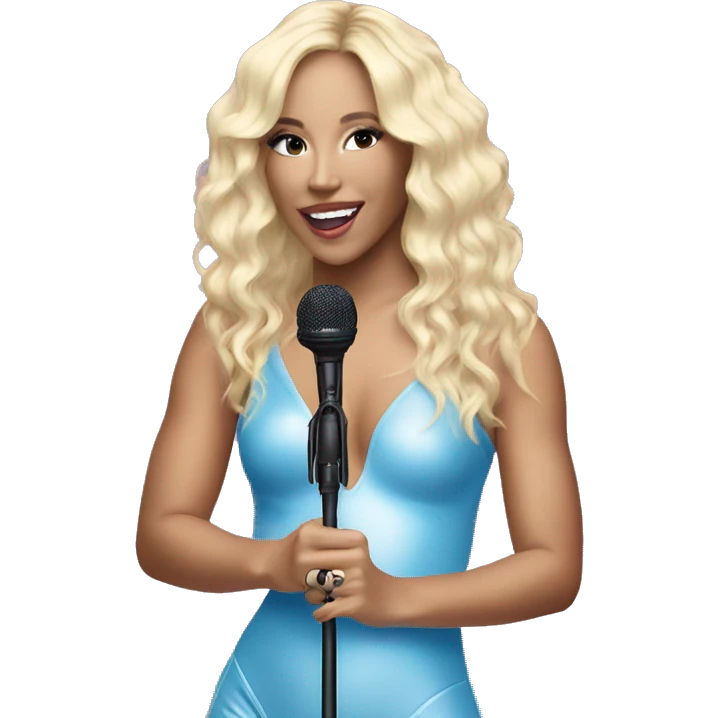 Blonde, caucasian singer wearing a pink and blue bodysuit and holding a microphone eras tour emoji