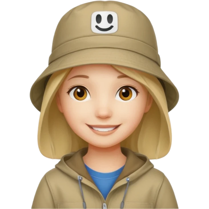 A girl with a khaki bucket hat on her head and a small detail in the form of a white rectangle with the inscription: "вйо до пригод" emoji