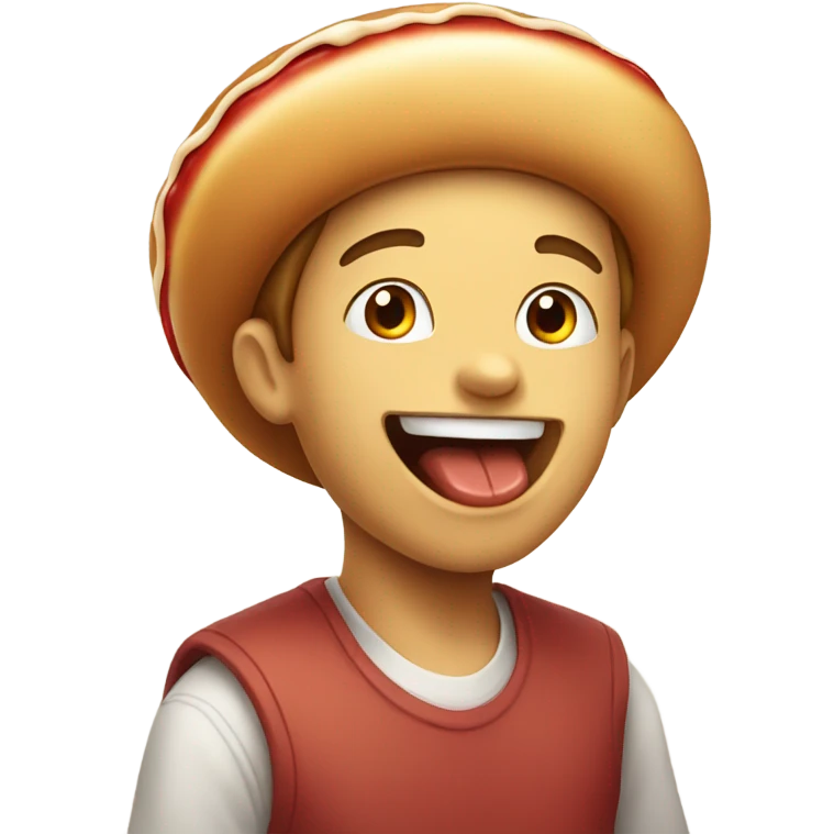 boy enjoying food indoors wearing hotdog hat emoji